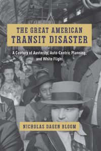 Black and white book cover featuring a historical image of men and women crowded into a tram car.