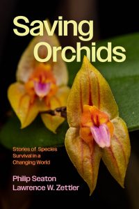 Saving Orchids book cover featuring a color photograph of a yellow and purple orchid flower