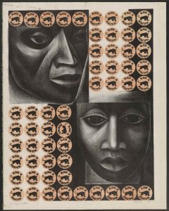 A color lithograph called Negro es Bello (Negro es Bello II) by Elizabeth Catlett. The image features two faces in opposite corners and a grid of smaller circles, each with a black panther in the middle and the text “BLACK IS BEAUTIFUL.”