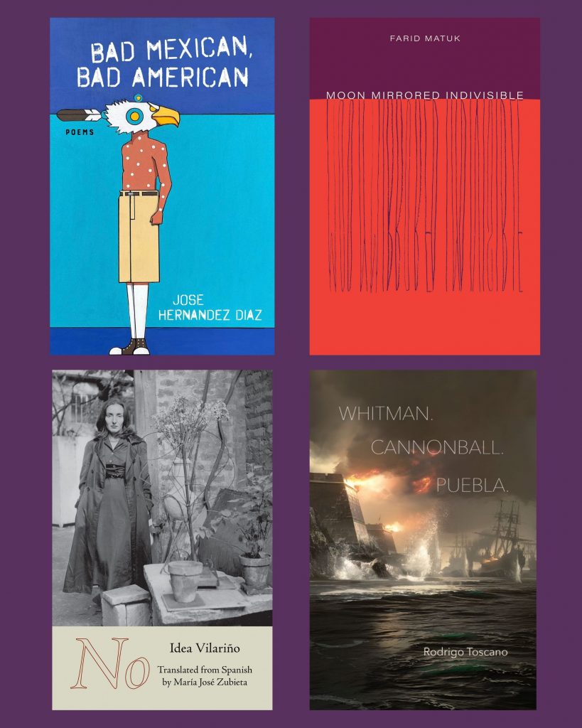 A grid of book covers against a dark purple background. 
