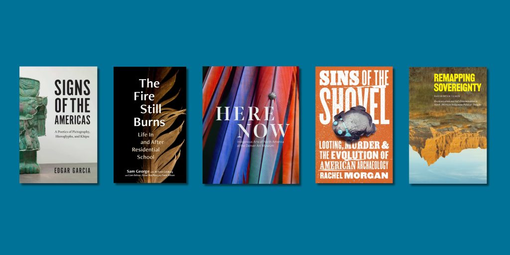 Blue horizontal rectangle with five book covers in the center.