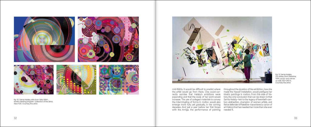 A two-page book spread with images of artworks by Samia Halaby.