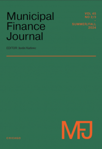 Cover of the Municipal Finance Journal featuring black and orange text against a green background.