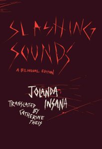 The cover of “Slashing Sounds,” featuring a dark background and orange and white text that resembles slices in paper.
